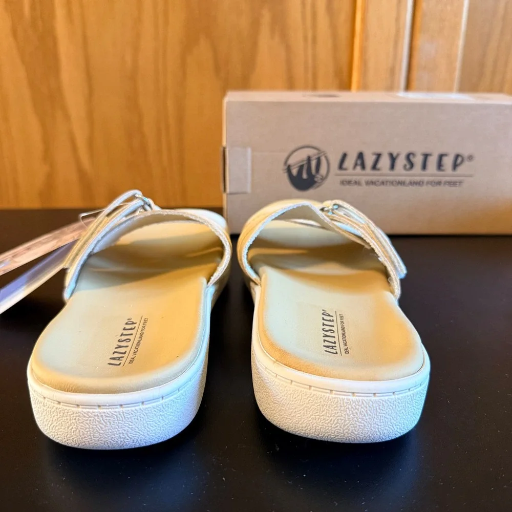 Lazystep Slide Sandals Size 6 Beige New Adjustable Double Strap Comfort Shoes